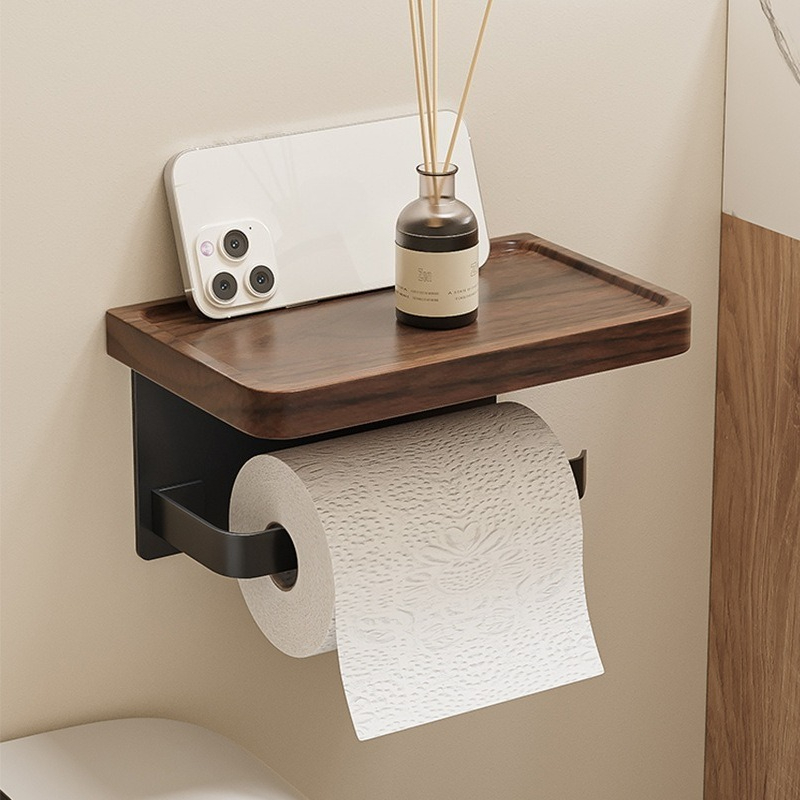 Toilet Paper Holder - Walnut Wood No Drill Toilet Paper