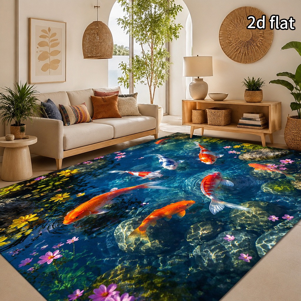 Home Bathroom Scene - Oriental Koi Fish Pond Rug Colorful