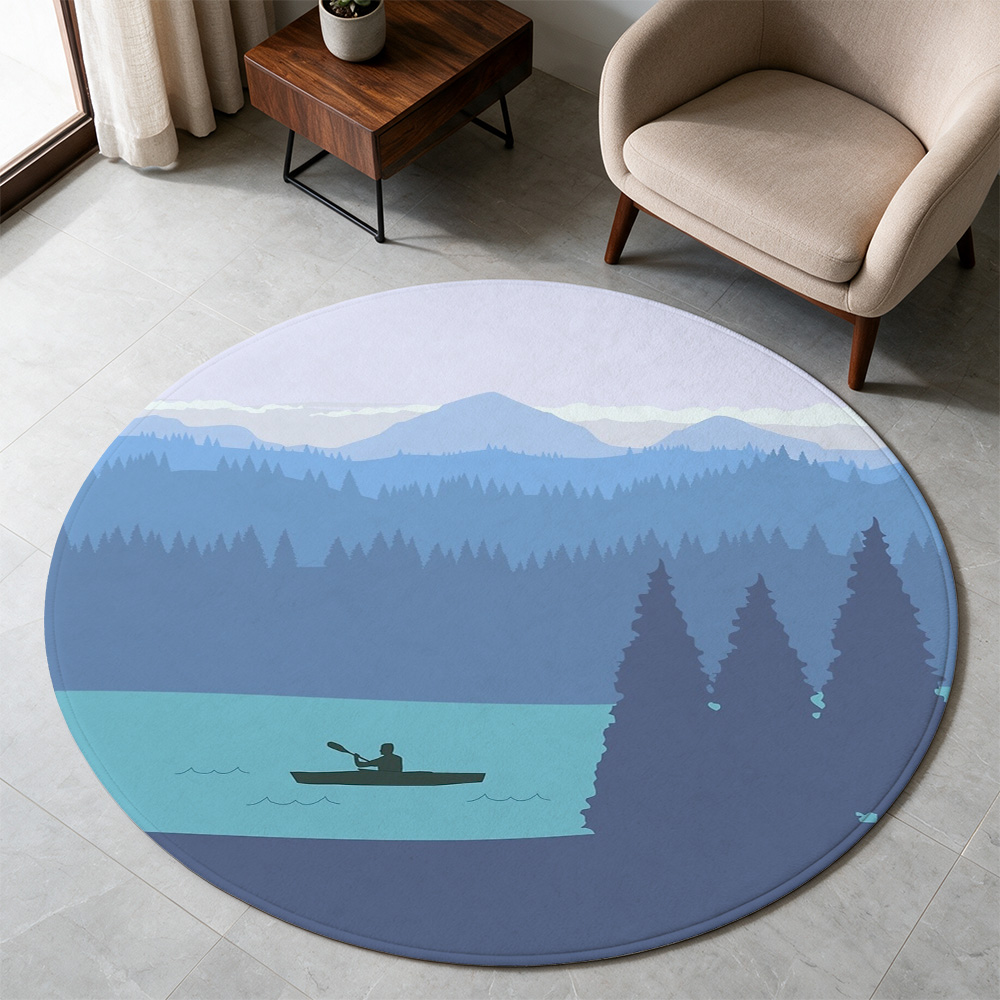 Home Bathroom Scene - Serene Landscape Round Area Rug Blue